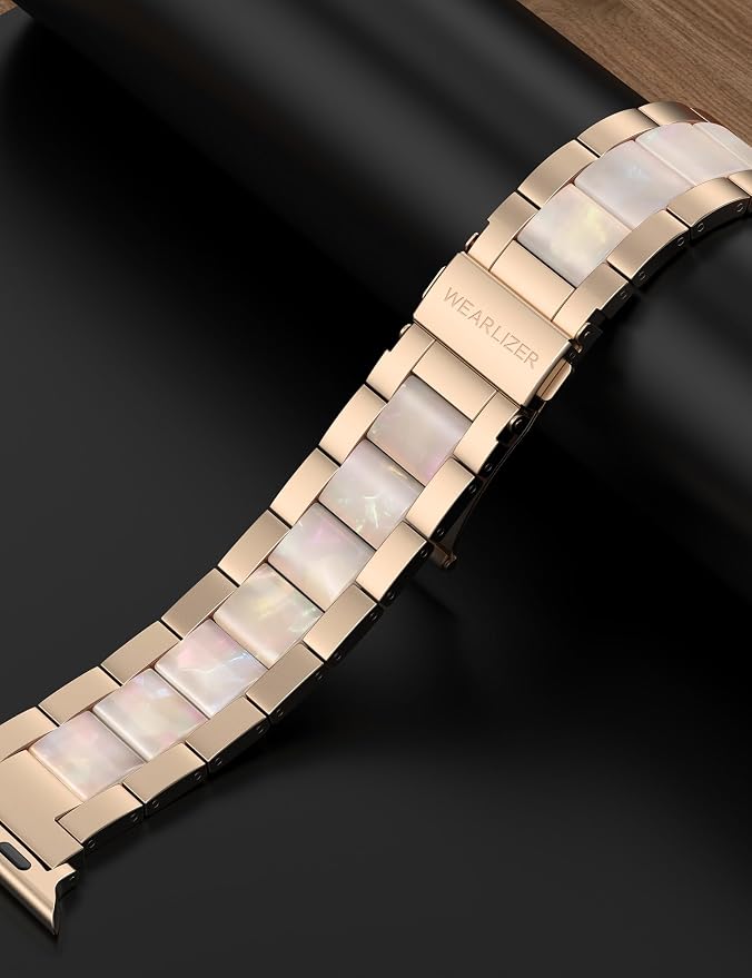 Wearlizer Compatible with Apple Watch Band 42/44/45/46/49mm Fashion Wristbands Womens, Stainless Steel+Resin Metal Replacement for iWatch Series 11 10 9 8 7 6 5 4 3 SE/Ultra 3 2 1 RoseGold/Colorful