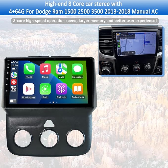 Upgrade 8 Core 4+64G Car Stereo Radio Replacement for 2013-2018 Dodge Ram 1500 2500 3500 with Wireless CarPlay/Android Auto, GPS, Bluetooth, Backup Camera AM/FM (New Android 15)