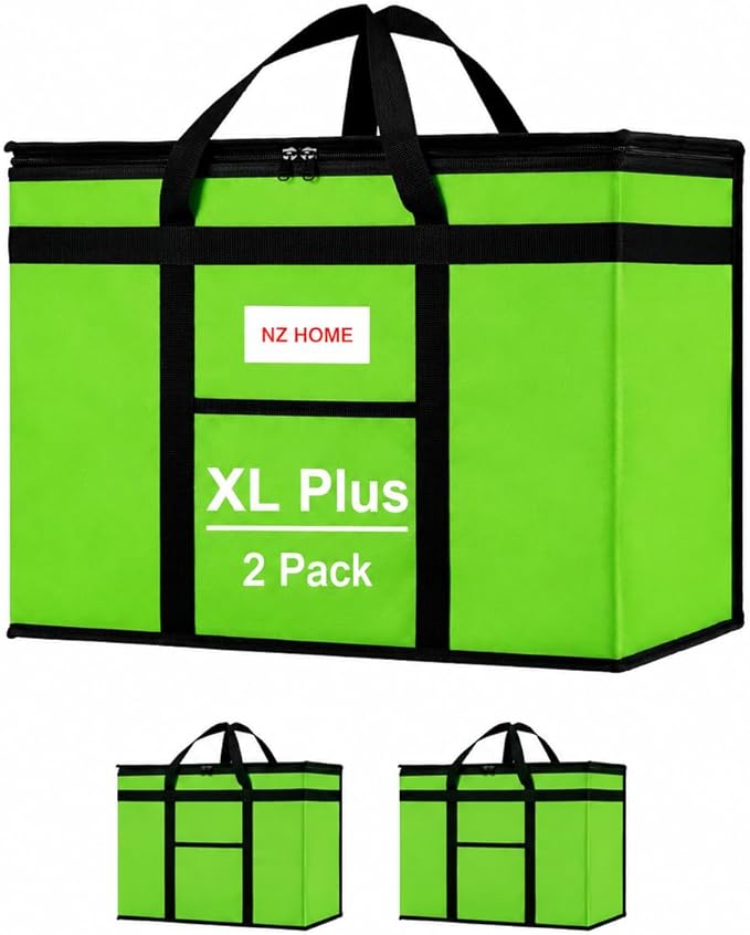 Insulated Bags for Food Delivery (XL Plus) Grocery Shopping Cooler Bag, Pizza Delivery, Hot & Cold Catering Tote, Reusable, Foldable & Heavy Duty (2 Pack, Green)