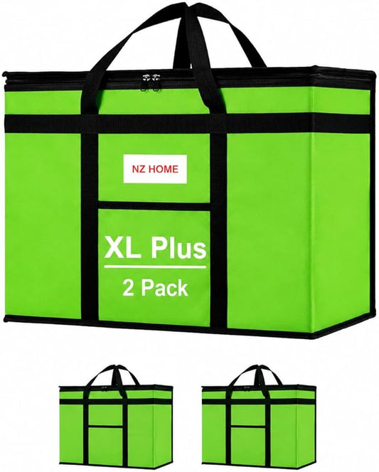 Insulated Bags for Food Delivery (XL Plus) Grocery Shopping Cooler Bag, Pizza Delivery, Hot & Cold Catering Tote, Reusable, Foldable & Heavy Duty (2 Pack, Green)