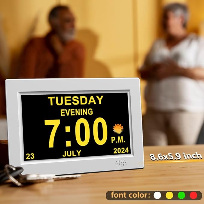 CAZOKASI 8inch Extra Large Impaired Vision Digital Alarm Clock with Day and Time for Elderly DST Calendar Clock No Battery Plug-in Power Outage Memory Auto Dimmable Clock