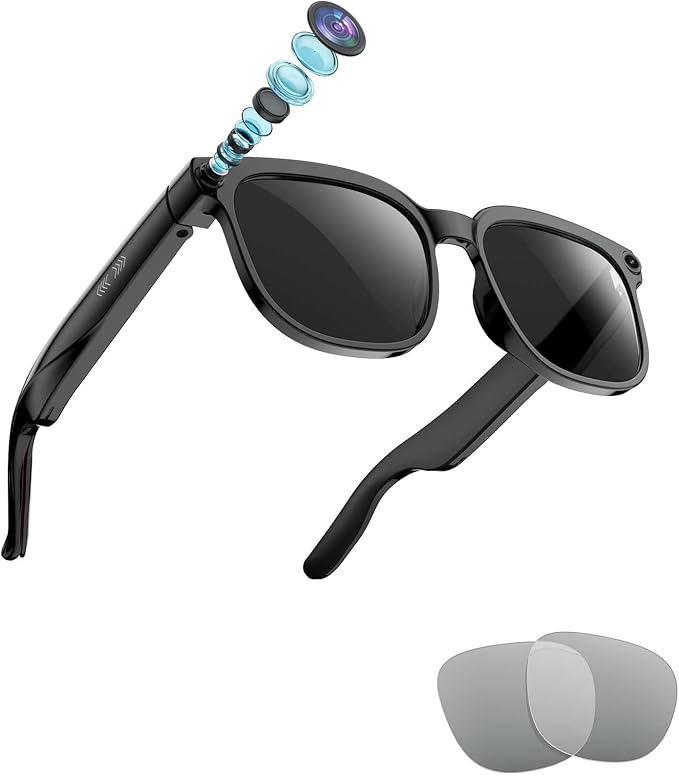 AI Smart Camera Glasses, 1080P HD Video + 8MP Photo, Bluetooth Open Ear Music & Calls, Interchangeable Sunglasses/Clear Lenses, No Subscription, for Travel & Vlogging