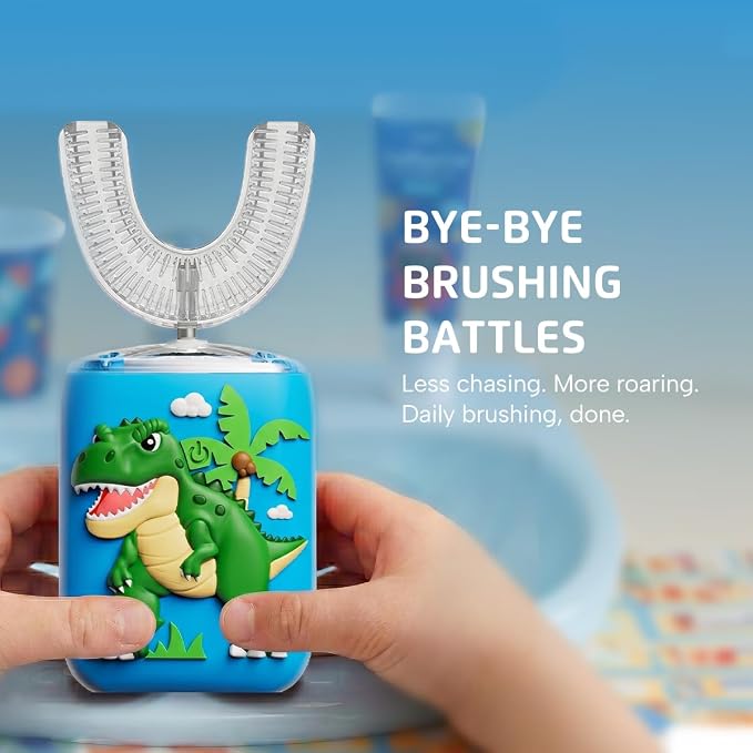 Well Before Kids U Shaped Electric Toothbrush with 5 Brush Heads, Ultrasonic, 5 Modes, IPX7 Waterproof Design (Dinosaur, Green, Ages 2-7)