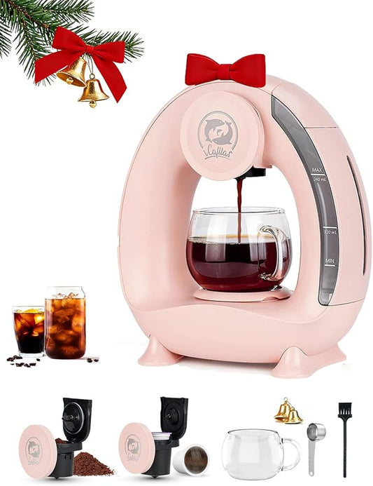 i Cafilas 2-in-1 Coffee Maker, Fast Brew in 1.5mins, Single Serve Coffee Machine Compatible with K-Cup Pods & Ground Coffee, 1400W with 20s Preheat, Compact for Home,Small Place,Office&RV, 4-8oz,Pink