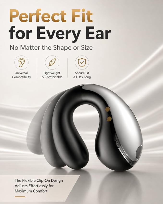 Boytond Ultra Open Ear Earbuds, Comfort Clip On Earbuds, Wireless Bone Conduction Headphones with Bluetooth 5.3, Fast Charging Fast Charging for Running, Sports, and Travel, Glaze Black