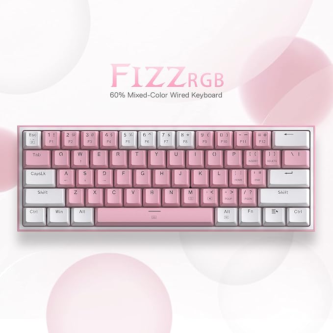Redragon K617 Fizz 60% Wired RGB Gaming Keyboard, 61 Keys Hot-Swap Compact Mechanical Keyboard w/White and Pink Color Keycaps, Linear Red Switch, Pro Driver/Software Supported