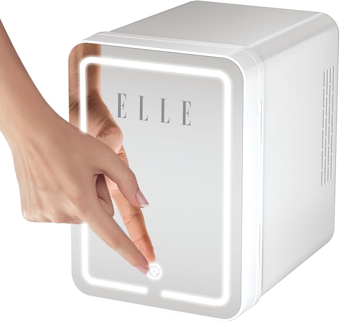 ELLE 4L Mini Cooler Fridge with LED Makeup Mirror for Skincare & Cosmetic Storage Cooler & Warmer Removable Shelf Carrying Handle AC DC Power Options Small Refrigerator for Bedroom Car Office White