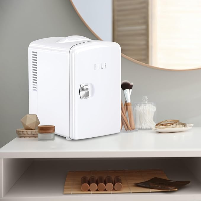 ELLE Multi Purpose 4L Mini Fridge Cooler and Warmer with Cool and Warm Function Removable Shelf Carrying Handle AC DC Power Options for Car Office Bedroom 6 Can Capacity White