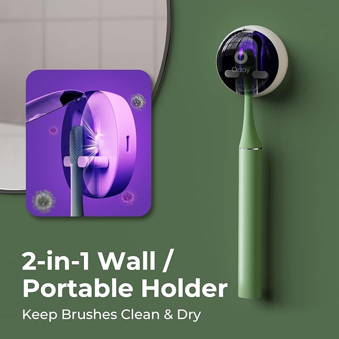 Oday Sonic Electric Toothbrush for Adults with Wall Mounted UV-Cleaning Toothbrush Holder and 4 Brush Heads, Wireless Charging, IPX7 Waterproof, 1 Month+ Battery, Green