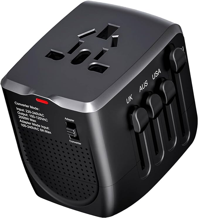 International Travel Adapter Voltage Converter Steps Down 220V to 110V for Cell Phones, Laptops, and Curling Irons, US to UK, Europe, Australia, and More Than 200 Countries(Black)