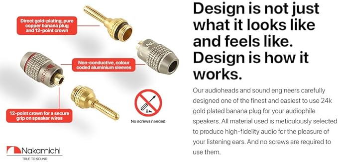 Nakamichi FanLock Excel Series 24k Gold Plated Banana Plugs 10 AWG - 18 AWG Gauge Size 4mm for Speakers Amplifier Hi-Fi Stereo Home Theatre Radio Audio Wire Cable Quick Connector, 16 Pcs (8-Pairs)