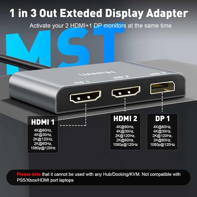 UANTIN DisplayPort to Dual HDMI with DP Splitter for 3 Monitors Extended Display Adapter 4K@60Hz 1 in 3 Out MST Hub for Multiple Monitor Display Port Compatible with NVIDIA/AMD Graphic Card