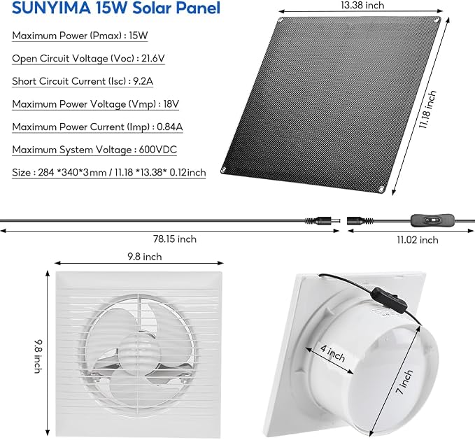 Solar Powered Exhaust Fan, 15W Weatherproof Solar Panel with 8 Inch Solar Exhaust Fan for Shed Ventilation, Small Chicken Coops, Greenhouses, Pet Houses, Window Exhaust, Garage