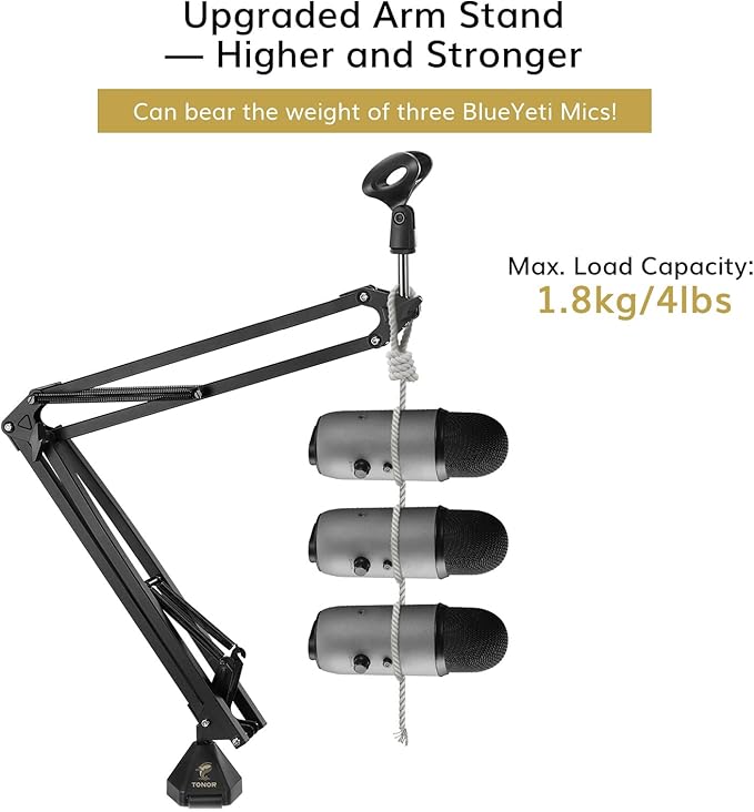 TONOR Microphone Arm Stand, Adjustable Suspension Boom Scissor Mic Stand with Pop Filter, 3/8" to 5/8" Adapter, Excellent Compatibility, Mic Clip, Upgraded Heavy Duty Clamp, 47 cm + 47cm, T30