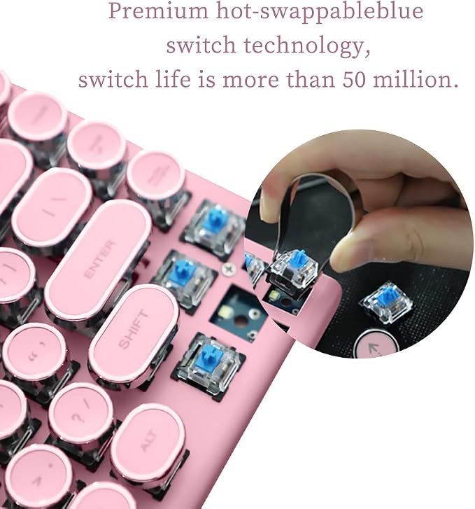Adventurers Typewriter-Style Retro Mechanical Keyboard LED Backlight 83 Keys Bluetooth 5.0 Blue Axis,Compatible with iOS/Android/Windows/Vista/Linux/Mac Office/Gaming, 12.3x6.6x1.6in (Pink)