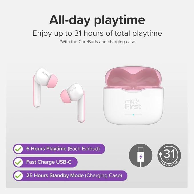 myFirst CareBuds Kids Wireless Earbuds, 85dB Volume Limiting Earbuds for Kids Ages 3-12, Bluetooth 5.3 Safe Hearing Protection, 36H Playtime, Small Ear Fit, IPX4 Waterproof, Easy Pairing