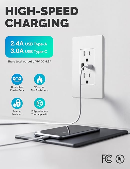 MOES USB Outlets(UL Certified), Type-C & USB-A Ports, 5VDC 4.8A Fast Charging 24W, Tamper-Resistant, Standard US Wall Box Compatible, Screwless Wall Plate Included, 15Amp White 1 Pack