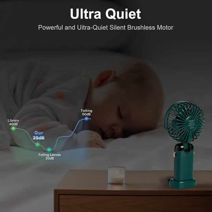 2 PCS Portable Handheld Fan, 12 hours Upgrade 3200mAh Mini Fan with Stand, 90° Foldable, 5 Speed Wind,Hand Held/Neck/Desk 3 in 1 Personal Small Fans, Makeup Fans for Women (Purple, Green)