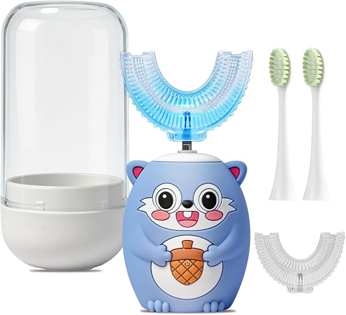 Kids U-Shaped Automatic Electric Toothbrush, Children’s 360° Mouthpiece Design for Full-Mouth Cleaning, 3 Cleaning Modes, Cute Animal Squirrel Style