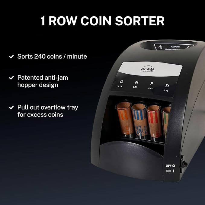 Electric Coin Sorter, 1 Row with Value Counting, Patented Anti-Jam Technology