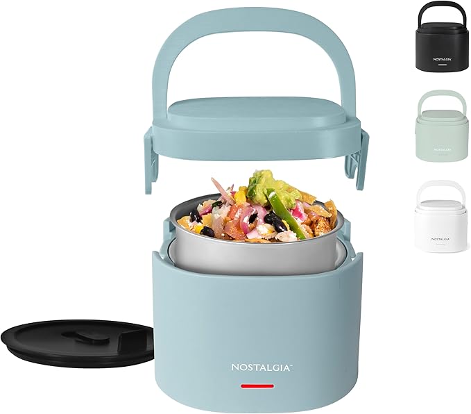 Nostalgia Portable Heated Lunch Box – 2.5-Cup Stainless Steel Food Warmer – Detachable Cord, Leak-Proof Lid, Carry Handle – Portable for Work & Travel – Chambray