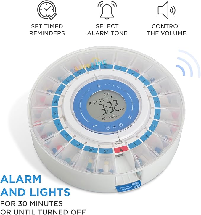 LiveFine Smart Pill Dispenser with WiFi & App, Removable Cups, 21 Compartments, 9 Dosage Rings, Alarm Reminder, LCD Display, Sound & Light Alerts for Vitamins, Supplements, Medications & Seniors