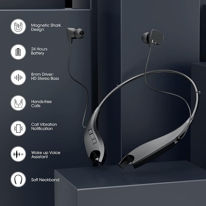 Neckband Bluetooth Headphones, Around The Neck Headphones 24H+ Playtime, Bluetooth Headsets with Call Vibration, Shark Jaw Design Wireless Earbuds+Noise Isolation/Mic/IPX7 Waterproof, 2 Pack