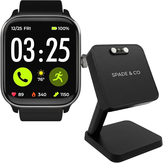 Spade & Co Health Smartwatch 4 Bundle with Charging Dock – Heart Rate, Sleep & SpO2 Monitor, Pedometer, 10+ Day Battery, Answer/Make Calls, IP68 Waterproof, iOS & Android – Black