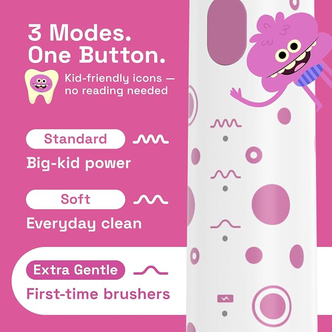Brushmo x Super Simple Songs Kids Sonic Electric Toothbrush for Ages 3+, Featuring Jimmy, 3 Gentle Modes, 2 Brush Heads, Travel Case, Rechargeable with Wall Adapter (BM03)