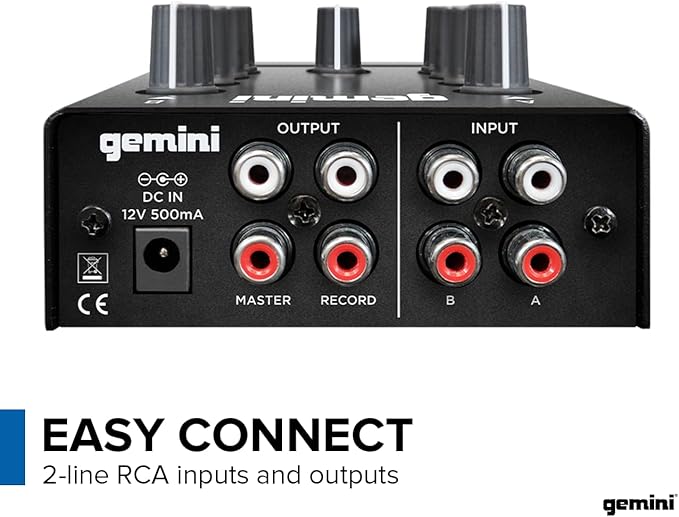 Gemini Portable 2-Channel DJ Mixer with Crossfader & EQ (MM1) | Portable 2-channel DJ mixer - full-size crossfader, 2-band EQ, gain - all-metal body - RCA & mic in