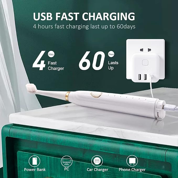 Sonic Electric Toothbrush, USB Rechargeable Powerful Sonic Cleaning Tooth Brush with 6 Modes, 5 Brush Heads + 1 Facial Cleansing Brush Head + 1 Face Massage Head Whitening Toothbrushes