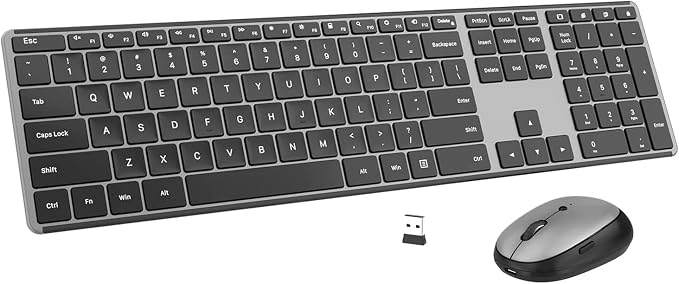 AUSDOM Wireless Keyboard and Mouse Combo, Cordless Quiet Keyboard Mouse Set, Rechargeable Slim Silent Full Size Keyboard with 3 DPI Adjustable Mouse, Ultra-Thin for Windows, Laptop, Black Gray