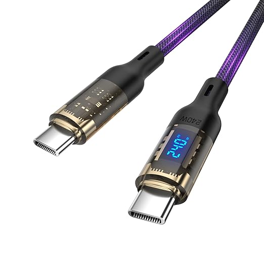 240W USB C to USB C Transparent Cable with LED Display Compatible with 140W 100W Fast Charging for MacBook Pro,lPhone 16/15/15Pro/15ProMax,Galaxy S23+/S23Ultra/S22,10ft,Black