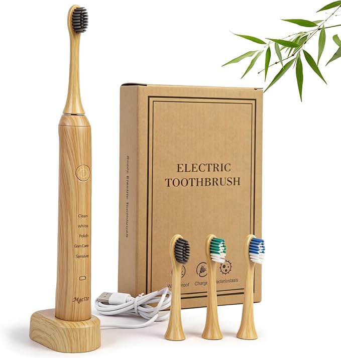 Natural Bamboo Electric Toothbrush for Adults - 4 Pack Bamboo Repalcement Brush Heads| 5 Cleaning Modes Long-Lasting Battery| PX7 Waterproof Rechargeable Toothbrush