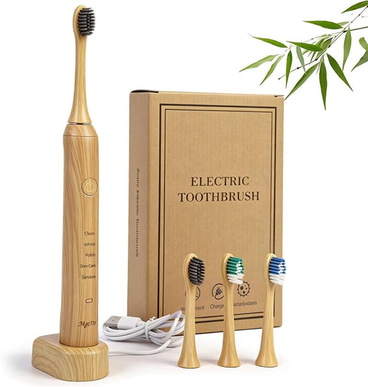 Natural Bamboo Electric Toothbrush for Adults - 4 Pack Bamboo Repalcement Brush Heads| 5 Cleaning Modes Long-Lasting Battery| PX7 Waterproof Rechargeable Toothbrush