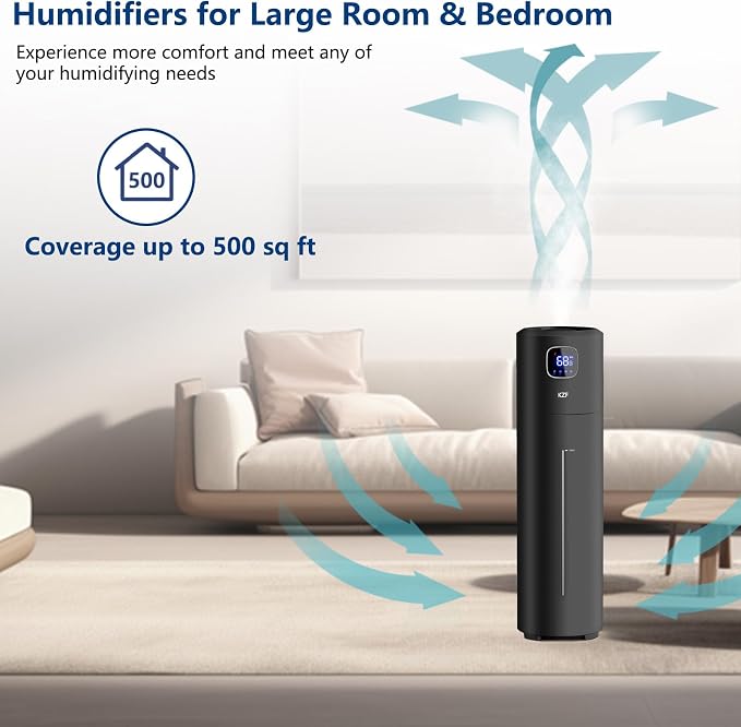 KZF Humidifier Large Room, 9L Humidifiers for Bedroom, Ultrasonic Cool Mist Humidifiers with Humidistat, 360°Nozzle, 350ML/H Big Mist Level, Suitable for Baby Livingroom Yoga Office Plants Home