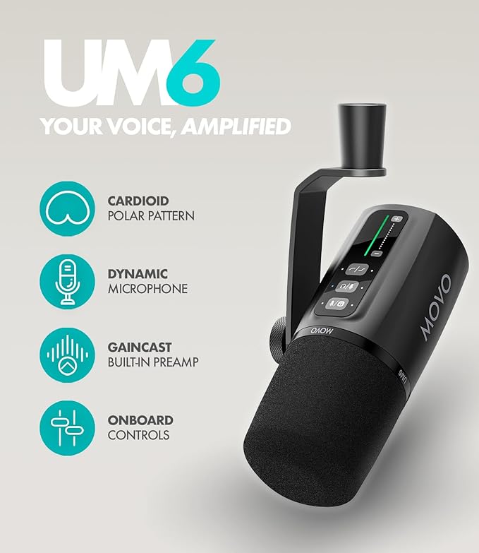 Movo Podcast Equipment Bundle - Phantom USB Audio Interface, 2 UM6 XLR/USB-C Dynamic Microphones, and 2 Boom Arms - Professional Dual Microphone Setup for Podcasting and Streaming