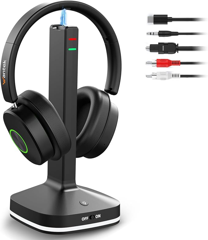 Wantek Wireless Headphones for TV Watching, TV Headphones Wireless for Seniors with Transmitter Charging Base, No Delay Bluetooth Headset for Hard of Hearing, Plug and Play