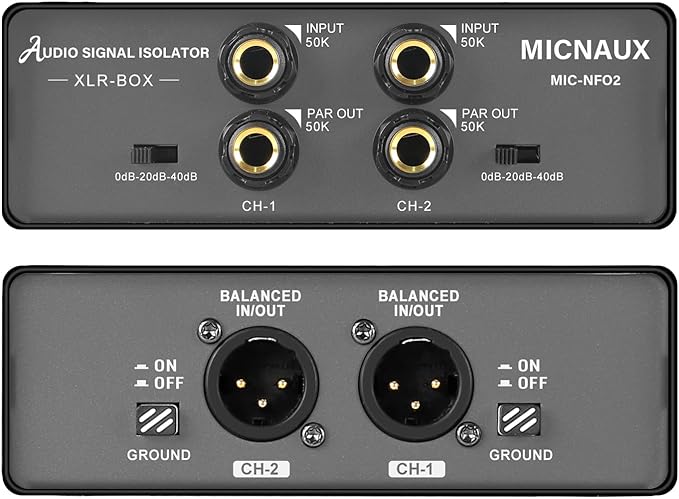 Dual-Channel Audio Signal Isolator with Ground Lift Switch, 3-Level Gain Attenuation (0/-20/-40dB), 600Ω High-Impedance Noise Filter Hum Eliminator for Home Audio, Studio & Live Sound Systems
