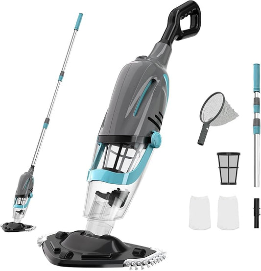 Cordless Handheld Pool Vacuum, Pool Vacuum for Above Ground Pool with Telescopic Pole and Leaf-Scooping Net, Rechargeable Pool Cleaner 18.5 Gal/Min Suction, 80 Min Runtime, Dual-Filter Cleaning System