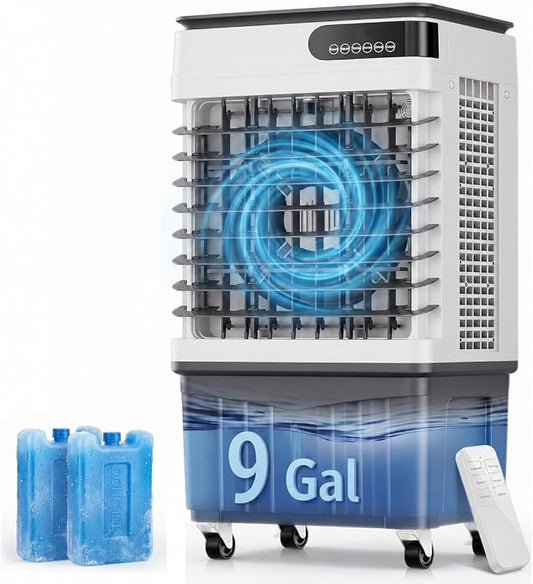 Portable Evaporative Cooler, Swamp Cooler Air Conditioner 9 Gal Water Tank | 2500 CFM, 120° Oscillation, 3 Speeds&Modes,12H Timer, Remote&Touch,4 Ice Packs, for Garage, Large Room, Dry Climate