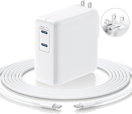 Essri MacBook Pro Charger,75W USB C Charger with Foldable Plug,Dual 75W Ports Fast Charging for MacBook Pro Air,iPad Pro,iPhone 17/16/15,Includes 10FT USB C to C Cables - White