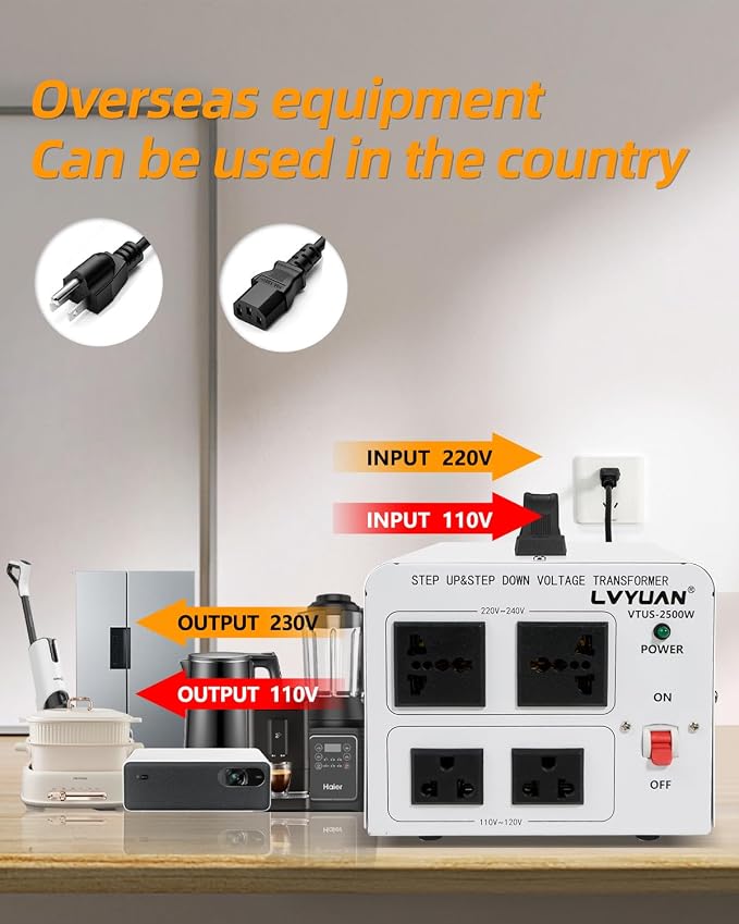 LVYUAN 2500W Voltage Transformer Power Converter Step Up 110V to 220V, Step Down 220V to 110V, 110/120 Volt - 220/240 Volt