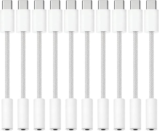USB-C to 3.5mm Audio Headphone Adapter - HiFi Compatible with Apple iPhone 17 16 15 Galaxy S25 S24 S23 S22 S21 Plus Pro Max Ultra Pixel iPad - Type C to Aux Cord Jack Dongle Nylon-Braided (10 Pack)