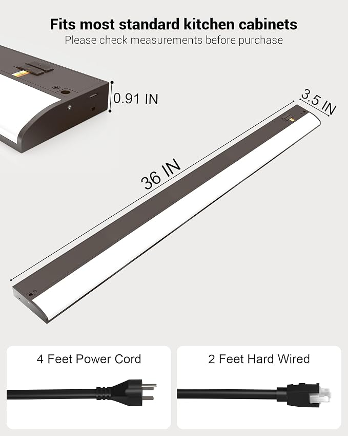 36 Inch LED Under Cabinet Light, Plug in Kitchen Lighting, 3CCT Selectable (3000K/4000K/5000K), CRI94 High Color Accuracy, Linkable, Slim Design Dimmable, Brown