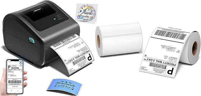 D450BT Thermal Label Printer&500Pcs 4x6 Thermal Shipping Label, Shipping Address Labels (2 Rolls of 250 4x6 Roll Labels) ,Thermal Printers for Small Business, Compatible with Android,iPhone, macOS, Wi