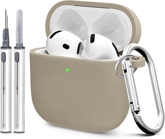 Silicone Case Cover for AirPods 4th Gen, Soft Skin, Full Protection, Keychain, Cleaner Kit (Milk Tea)