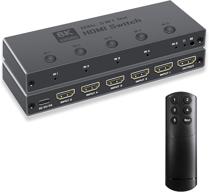 Enbuer 8K HDMI 2.1 Switch, HDMI 2.1 Switcher 5 in 1 Out Supports CEC 8K@60Hz, 4K@240Hz, 1080P@480Hz, HDCP 2.3 HDR 3D Dolby Atmos VRR Compatible with PS5 Xbox Blu-Ray Player with IR Remote Controller