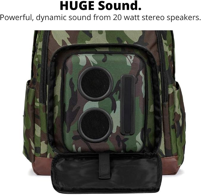 Super Real Bluetooth Speaker Backpack with 20-Watt Speakers & Subwoofer for Parties/Festivals/Beach/. Rechargeable, Works with iPhone & Android (Camouflage, Latest Premium Edition)