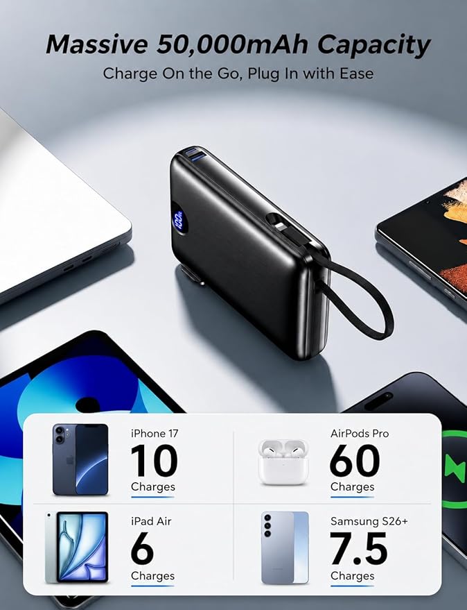Portable Charger Power Bank 50000mAh Massive Capacity, Built-in Wall Plug USB-C & iOS Cables, 22.5W Fast Charging Battery Pack with LED Display, Travel Essential for Camping, iPhone, Samsung Black